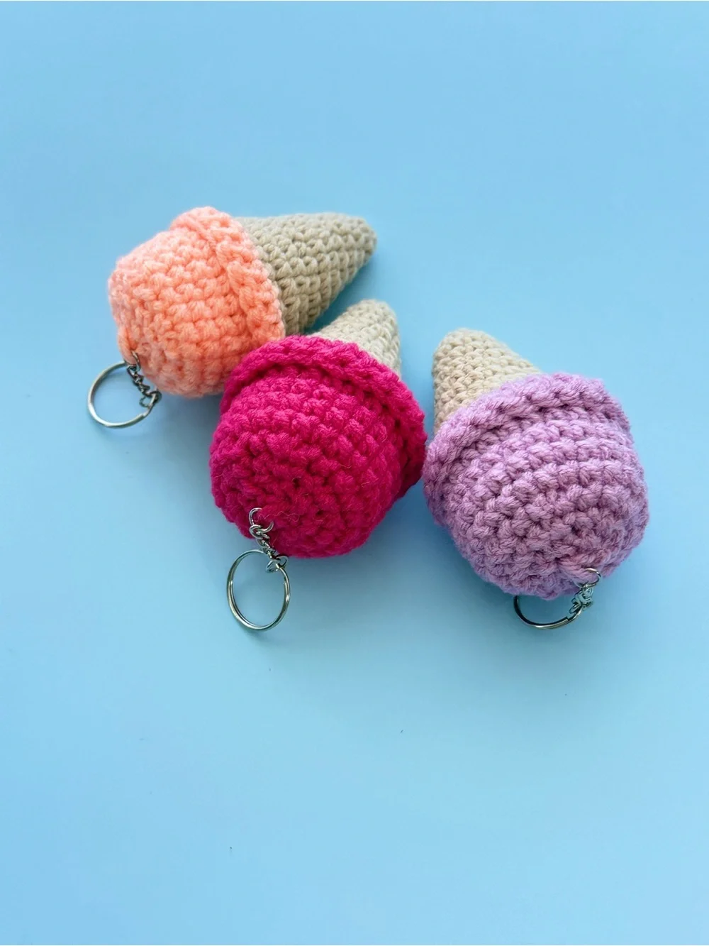 Handmade Fuchsia Pink Crochet Ice Cream Cone Keychain for Kids